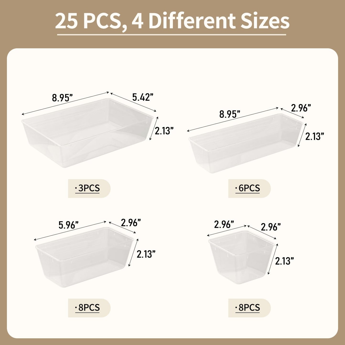 Yanosaku 25 PCS Clear Plastic Drawer Organizer Set, 4 Sizes Vanity Organizers, Desk Drawer Divider Organizers and Storage Bins for Makeup, Jewelry, Gadgets for Kitchen, Bathroom, Office