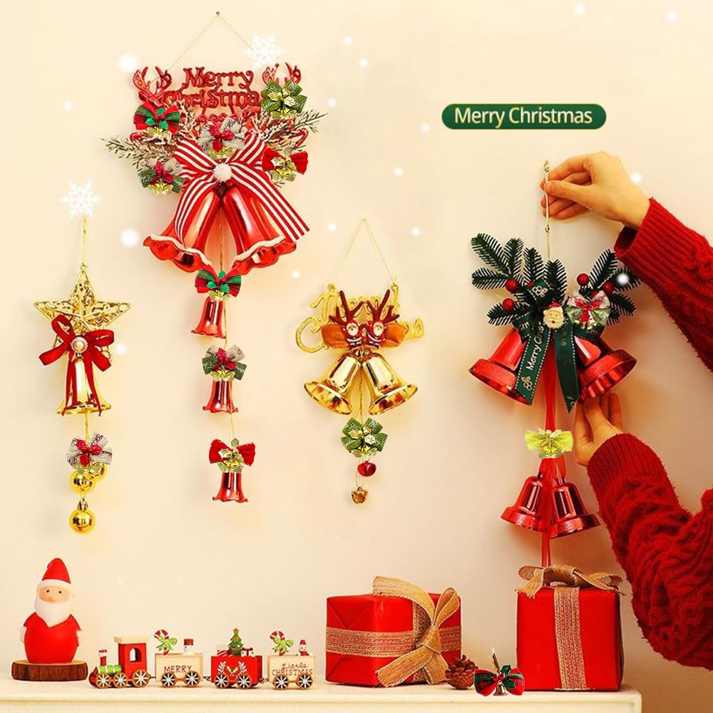Yxtwaeh 48 Pcs Christmas Mini Bows with Bells 2 Inch Christmas Tree Ribbon Bows with Bell Hanging Decorations for Tree Wreaths Gift Wrapping, 6 Styles