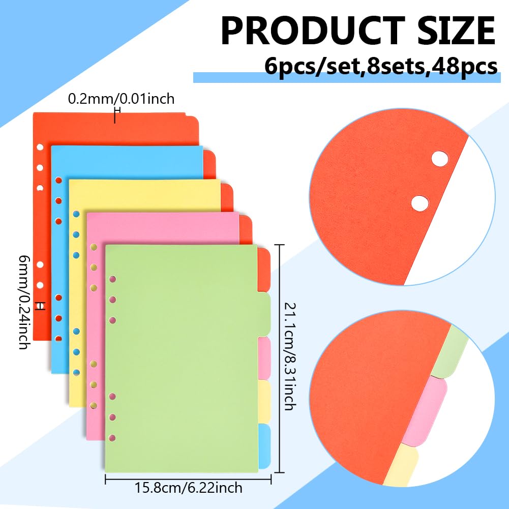 AHANDMAKER 8 Sets 6-Tab Binder Dividers, Multicolor Plastic Dividers with Tabs for 6 Ring Binders, A5 Sheets Insertable Index Page Divider for School Office Home Notebooks Planners Travel Diaries