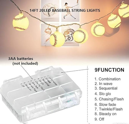 Baseball String Lights 20 LED 14FT Baseball Decor Battery Powered Indoor/Outdoor for Boys Room Ball Sport Theme Party Decorative,Birthday,Football Lovers Gift (Baseball String Lights)