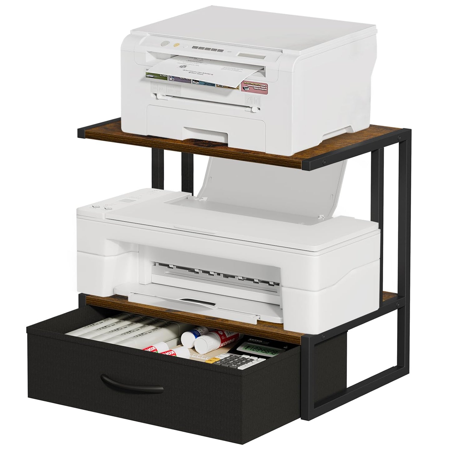 VYUOL Printer Stand with Storage for Desk, with Fabric Drawer Desktop Printer Stand Shelf Organzier for Home Office, for Above and Under Desk Printer Table, Fax Machine Copier Scanner, Brown