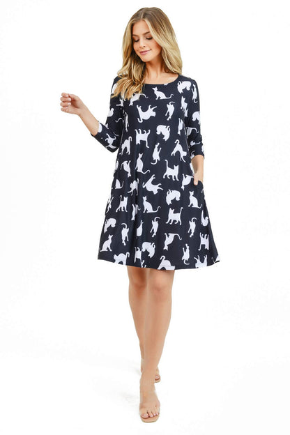 Women's Plus Size Novelty Cat Print Dresses with Pockets 2X Casual 3/4 Sleeves Crew Neck Fit and Flare Dress Balck White Kitty