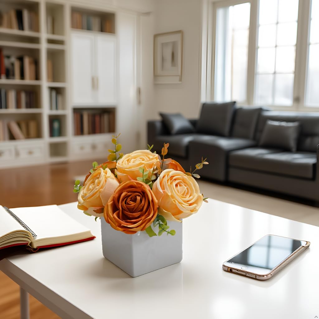 LADADA Artificial Roses in White Ceramic Vase, Faux Silk Flowers with Eucalyptus, Fake Floral Centerpiece for Home Wedding Party Table Decor