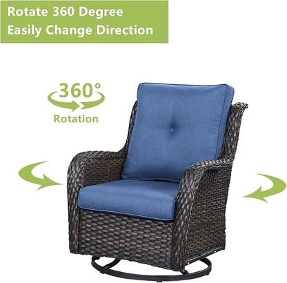 Rilyson Wicker Rocking Chair Swivel Chairs – 6 Piece Rocker Patio Furniture Set Rattan Rocking Bistro Sets with Glass Top Side Table for Outdoor Porch Deck Garden Backyard(Brown/Blue)