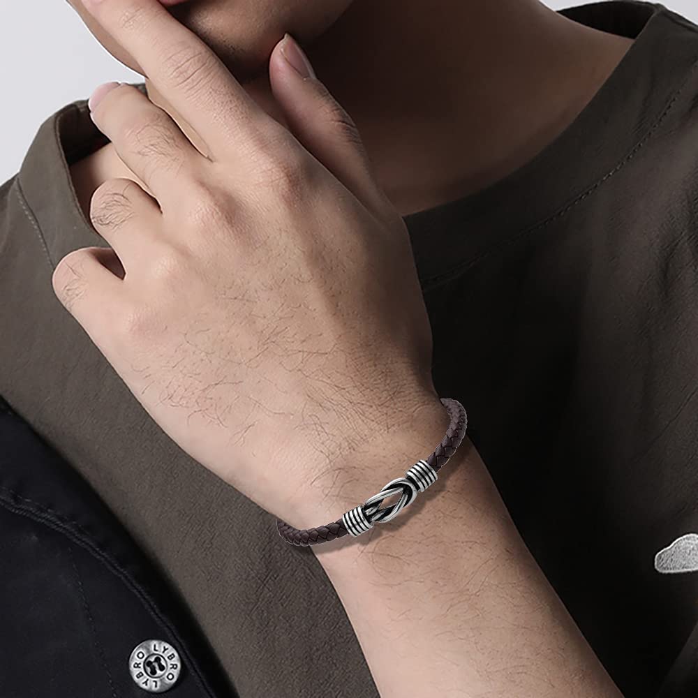 Geoffrey Beene Men's Braided Genuine Leather Knot Bracelet with Stainless Steel Closure (Brown, 8.5")