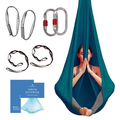 Aerial Silk Yoga Hammock & Swing for Home, Inversion Exercises, Starter Kit for All Levels - Durable with Extension Straps, Carabiners, and Pose Guide