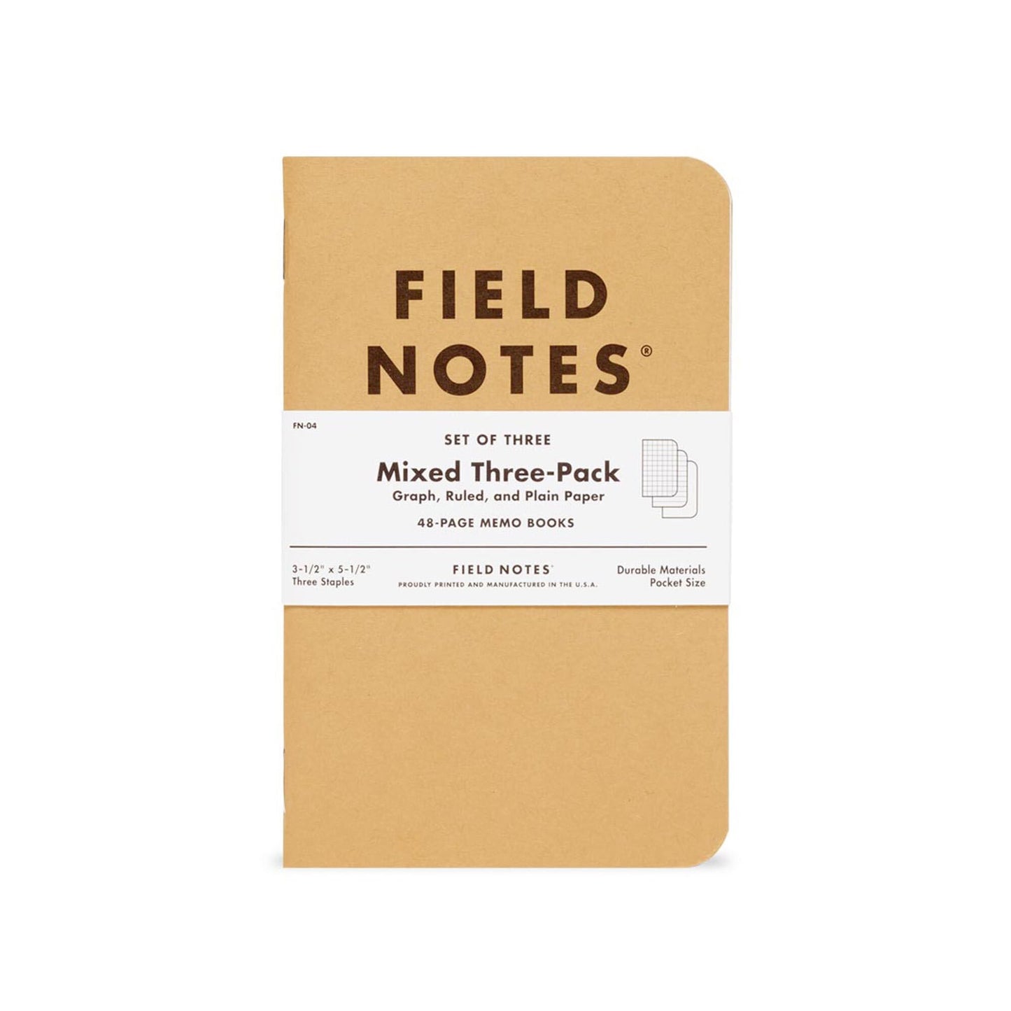 Field Notes: Original Kraft 3-Pack - Mixed Paper (1 Graph/Grid, 1 Ruled/Lined, 1 Plain/Blank) Memo Books - 48 Page Pocket Notebooks - 3.5" x 5.5"