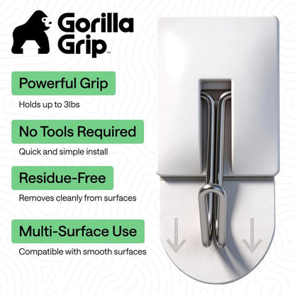 GORILLA GRIP Adhesive Hooks for Hanging, Heavy Duty Self Adhesive Wall Hooks, Damage-Free Removable Metal Hook, No Tools Required, Wall Hanger for Kitchen Bathroom Towel Coat Keys Purse, 5 Pack