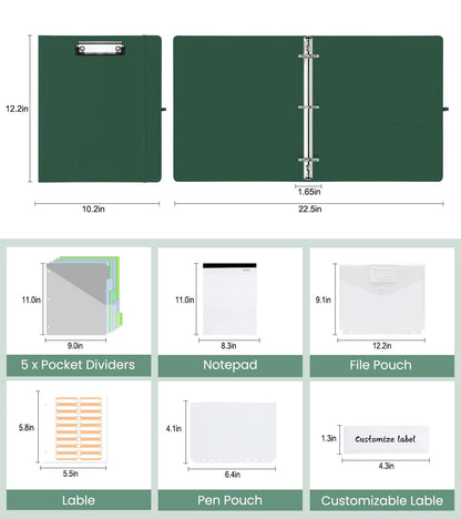 BVSSX 3 Ring Binder with Clipboard,1 Inch Binders with Notepad&5 Dividers with Pockets, Labels,PU Clipboards for School Office(Green,Letter Size)
