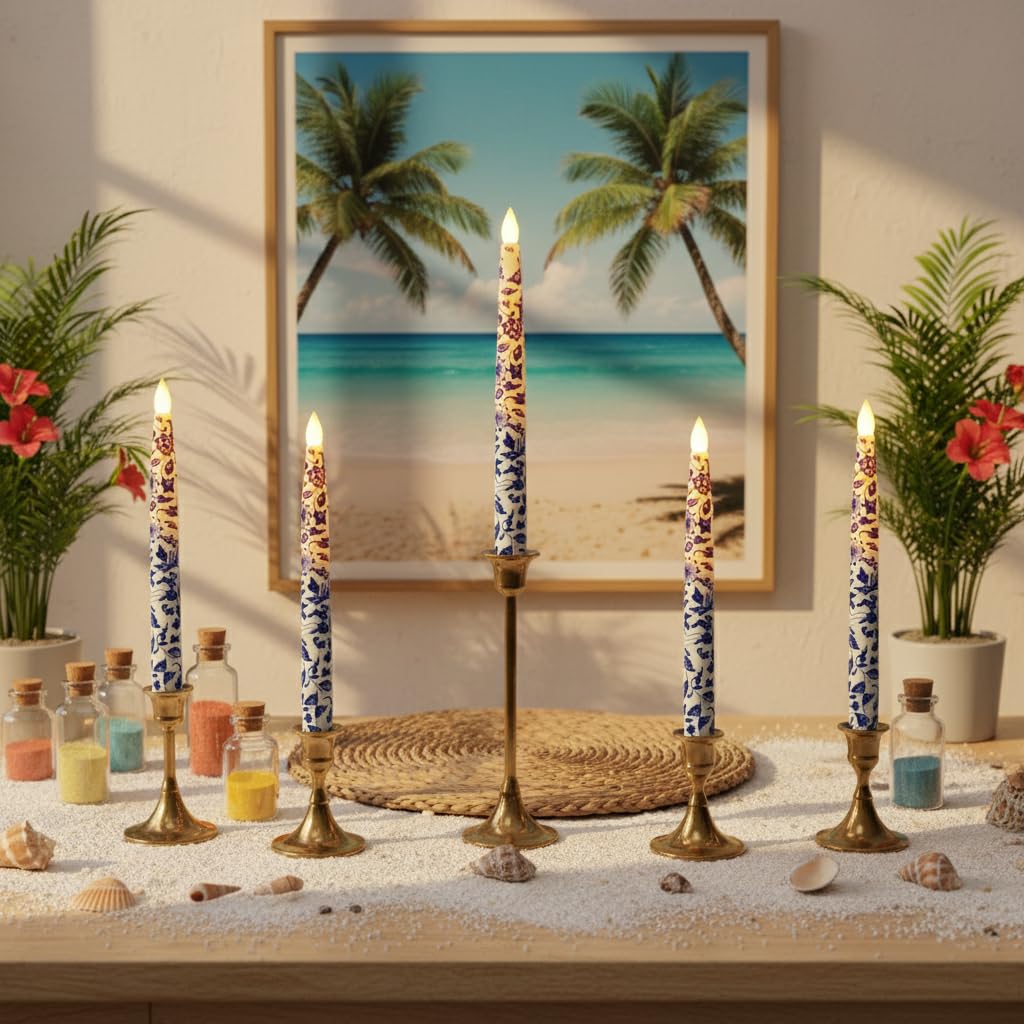 Blue and White Flameless Taper Candle 12 Pack Floral LED Magic Hanging Candle Battery Operated Floating Candles Floating Candles with Wand Remote Timer for Mother's Day Home Wedding Garden Party Decor