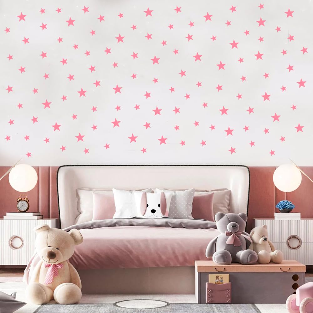 Wall Decals Baby Pink Stars for Kids Room, 3-4-5centimeter Mix 112 Pcs, Easy to Peel Easy to Stick, Safe On Walls and Paint, Vinyl Decor by Bugybagy. (Matte Baby Pink)