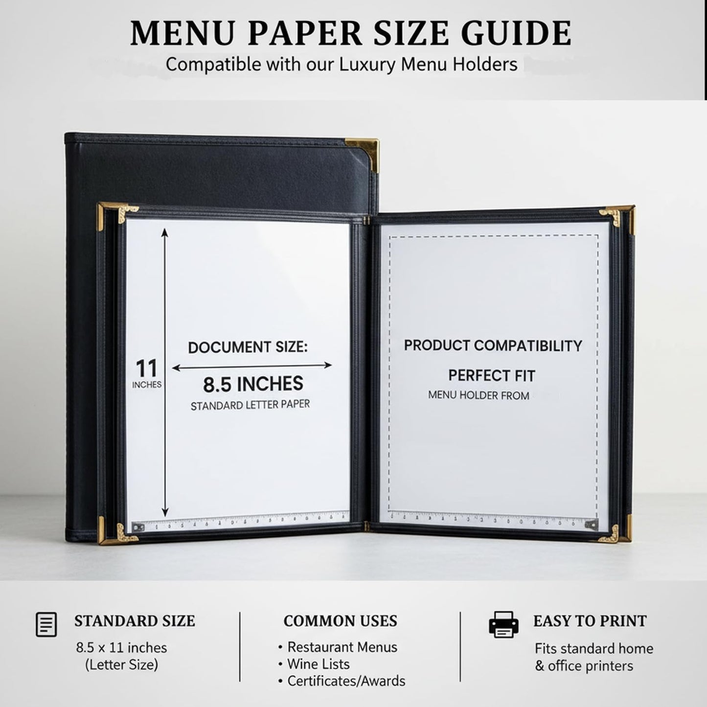 Restaurant Menu Covers 8.5×11 – 8 Page 16 View Menu Sleeve, Premium Black Faux Leather, Waterproof Durable Menu Holder for Bar Cafe Hotel, 2 Pack
