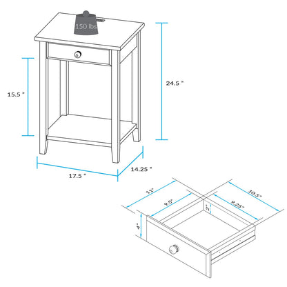Casual Home Owl Night Stand with USB Port Charging Station and Drawer, 17.5" W x 14.25" D x 24.5" H, Natural Gray