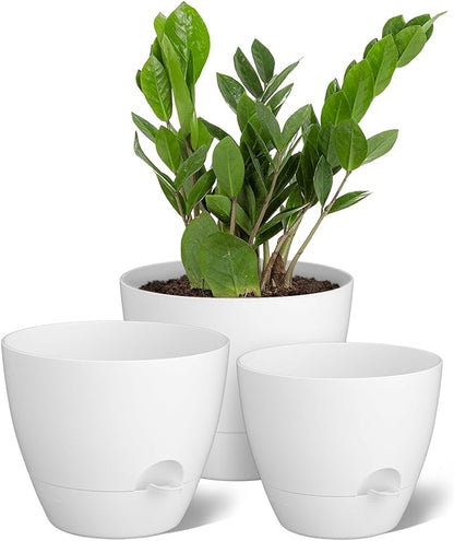 ZMTECH 9/10/12 Inch Self Watering Plant Pots with Watering Lip, Planters with Drainage Holes and Removable Saucer, Plastic Flower Pots for Indoor Outdoor Plants (3 Pack, Pure White)