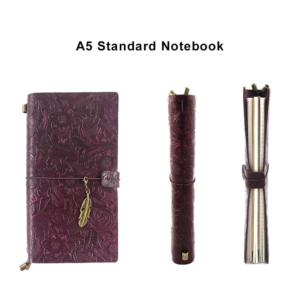 Refillable Leather Journal, Handmade Purple Leather Notebook with Bookmark for Men & Women, Vintage Leather Notepad Sketchbook Perfect for Writing, Gifts, Travelers (Purple, Standard)