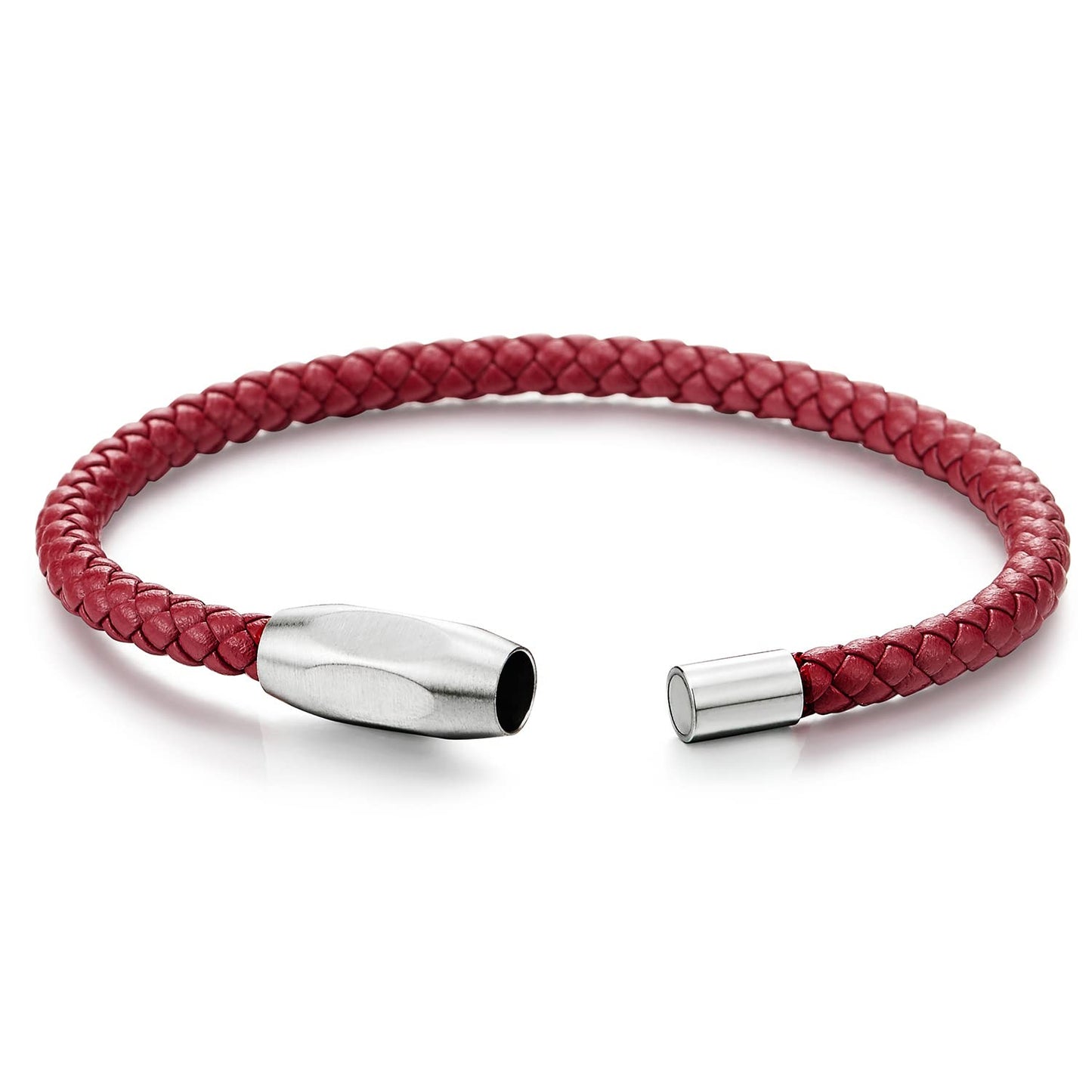 COOLSTEELANDBEYOND Mens Women Red Braided Leather Bracelet, Minimalist Single-Strand with Polished Stainless Steel Clasp, Everyday Casual Jewelry
