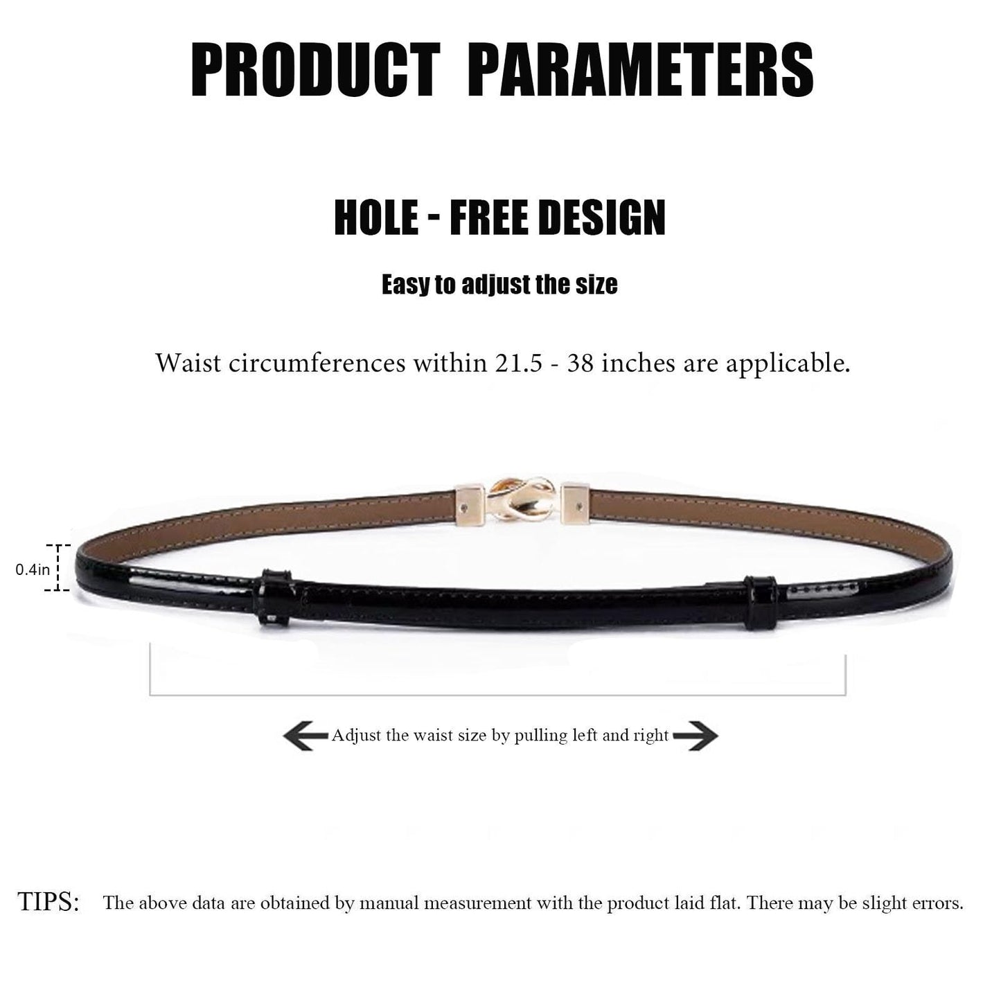 ORUIVO Stylish Skinny Cowhide Split Leather Belt - Shiny Patent Leather with Gold Metal Buckle & Adjustable Fit (black, one size, Square buckle)