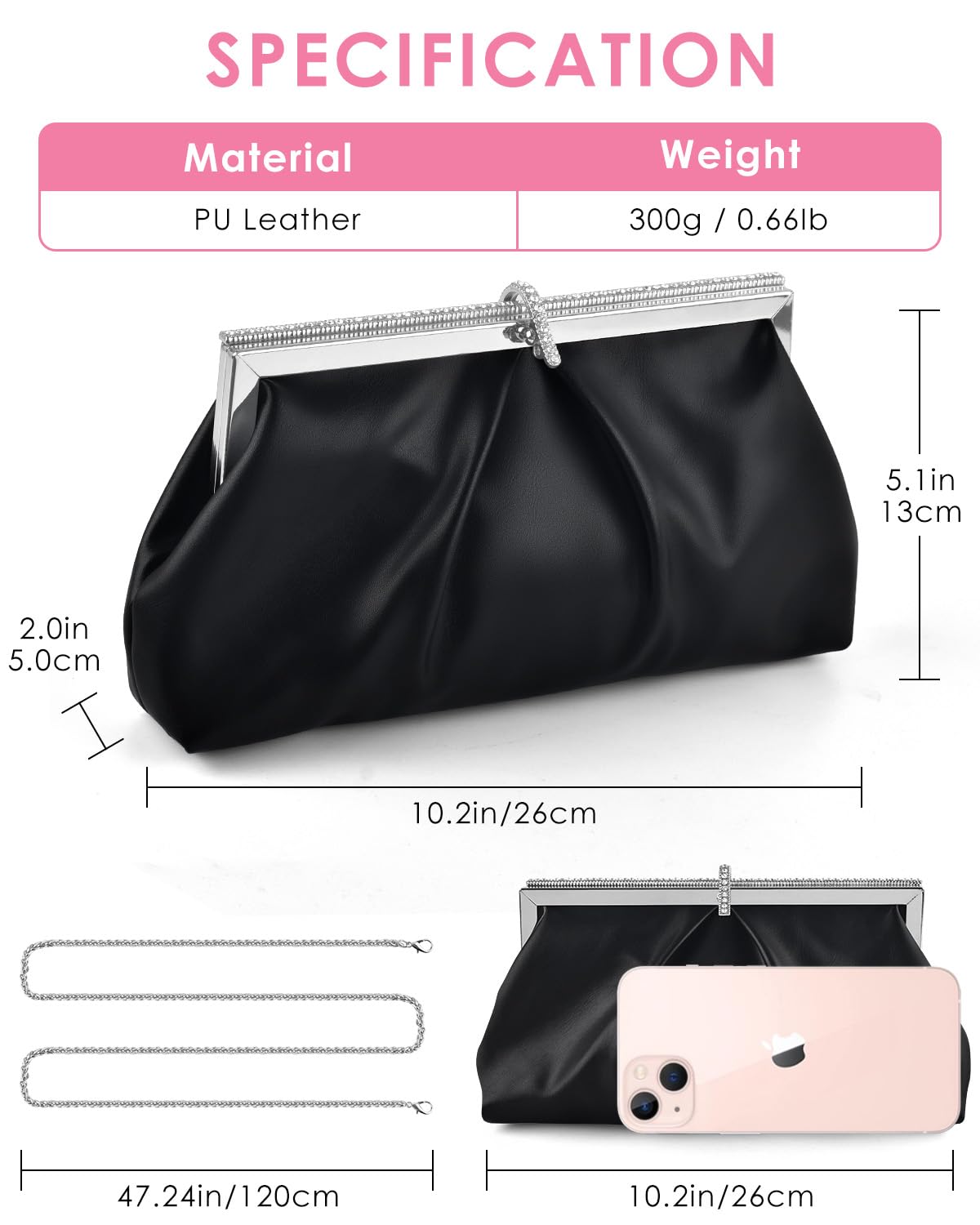 TINDTOP Clutch Purses for Women, PU Leather Formal Evening Bags Shoulder Party Handbags Wedding Cocktail Prom Clutches (A-Black)