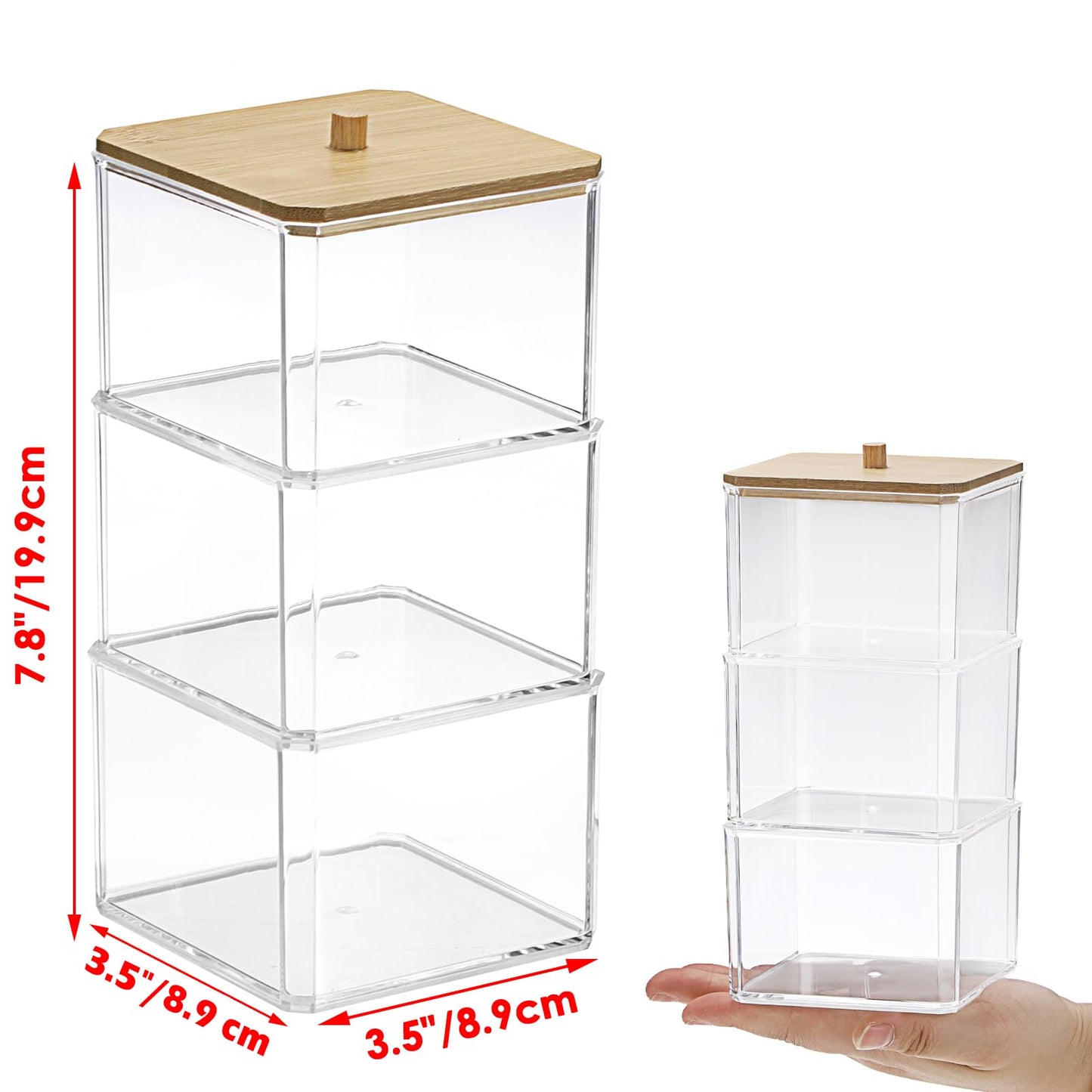 BTSKY Clear Stackable Paper Clip Holder with Bamboo Lid 3-Layer Paperclip Box Thick Acrylic Office Supply Accessory Organizer Square Small Storage Holder Cute Qtip Holder for Office Bathroom Vanity