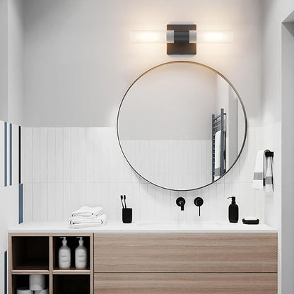 Black Wall Sconces Set of Two,15.7in Dimmable Hardwired LED Sconce Lighting Modern Indoor Vanity Sconce with Frosted Glass Shade for Bathroom Hallway(Bulbs Included)