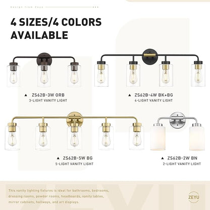 zeyu 2-Light Modern Vanity Lighting Fixture, 14 Inch Black and Gold Bathroom Light Fixture with Clear Glass Shade, ZS62B-2W BK+BG