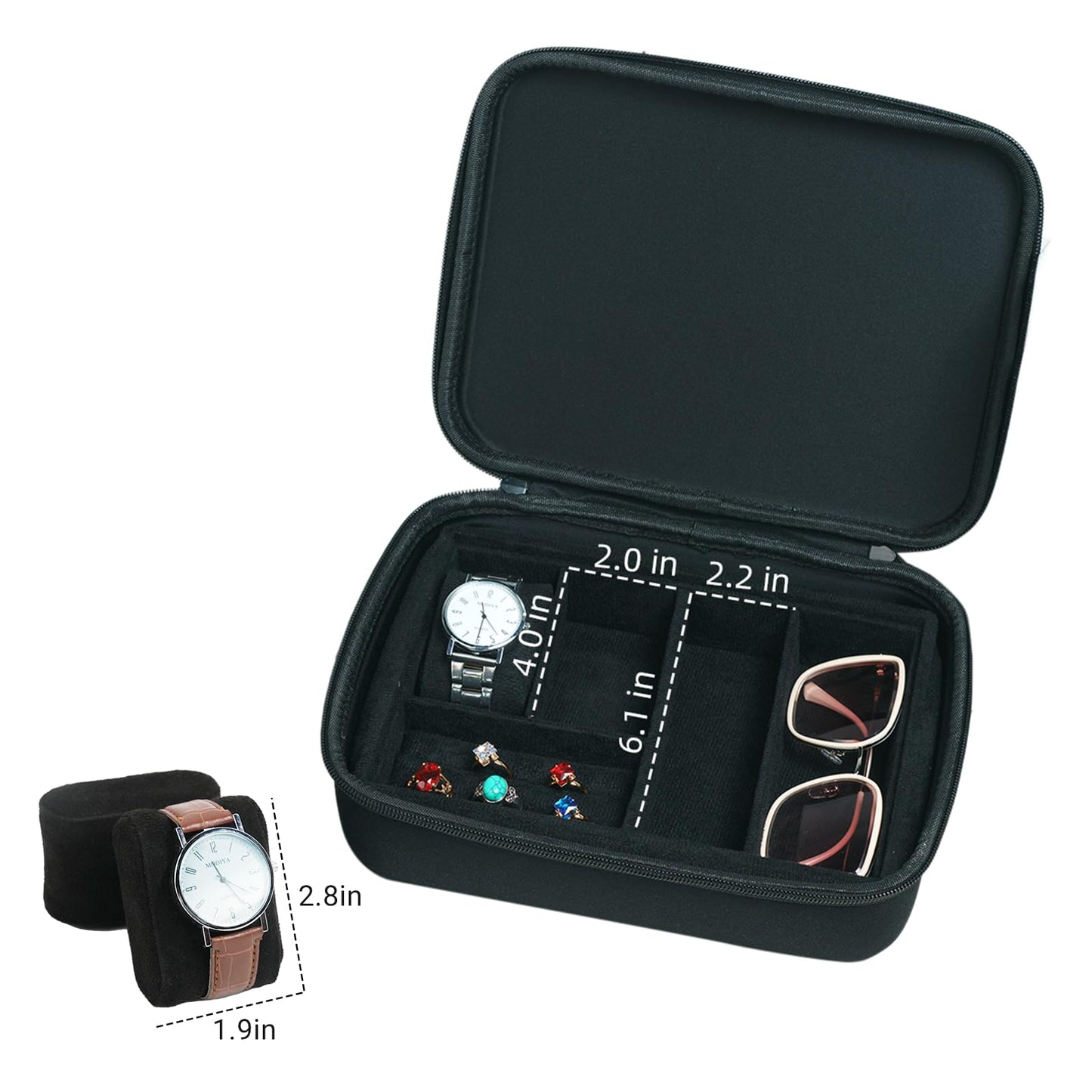 SORNDIF Large Travel Watch Case 5Slot Portable Jewelry Box Versatile Watches Sunglasses Organizer Rings Eyeglasses Zippered Carrying Bag Men