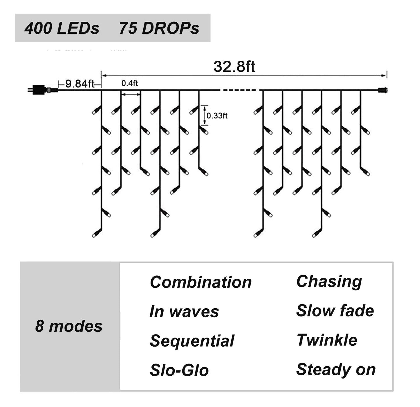 DEPOVOR Christmas LED Icicle Curtain Fairy Lights Outdoor Indoor Hanging String Lights 32.8ft 400 LED 8 Modes Lights for Xmas/Party/Easter/Thanksgiving/Halloween/Wedding Decorations (Warm White)