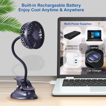 Mikikin Clip on Small Mini Fan, Portable Usb Battery Operated Rechargeable Quiet Personal Desk/ Baby Stroller Fan 3 Speeds Flexible Neck Great for Bed Office Car Dorm Travel Camping Beach