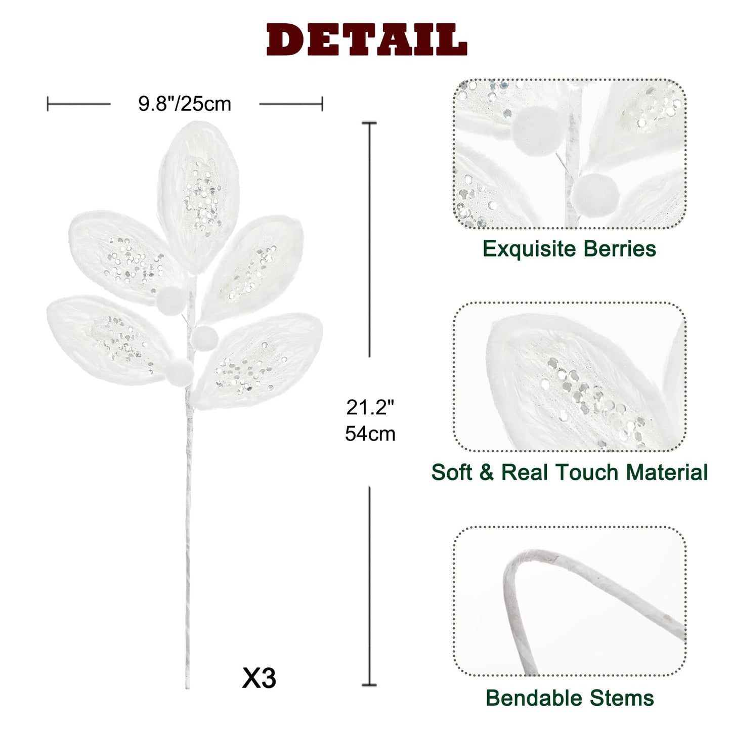 Briful 3PCS White Fur Christmas Picks and Sprays - 21.2" Plush Christmas Leaves Stems with Glitter Sequins for Xmas Tree Wreath Garland Holiday Floral Decor
