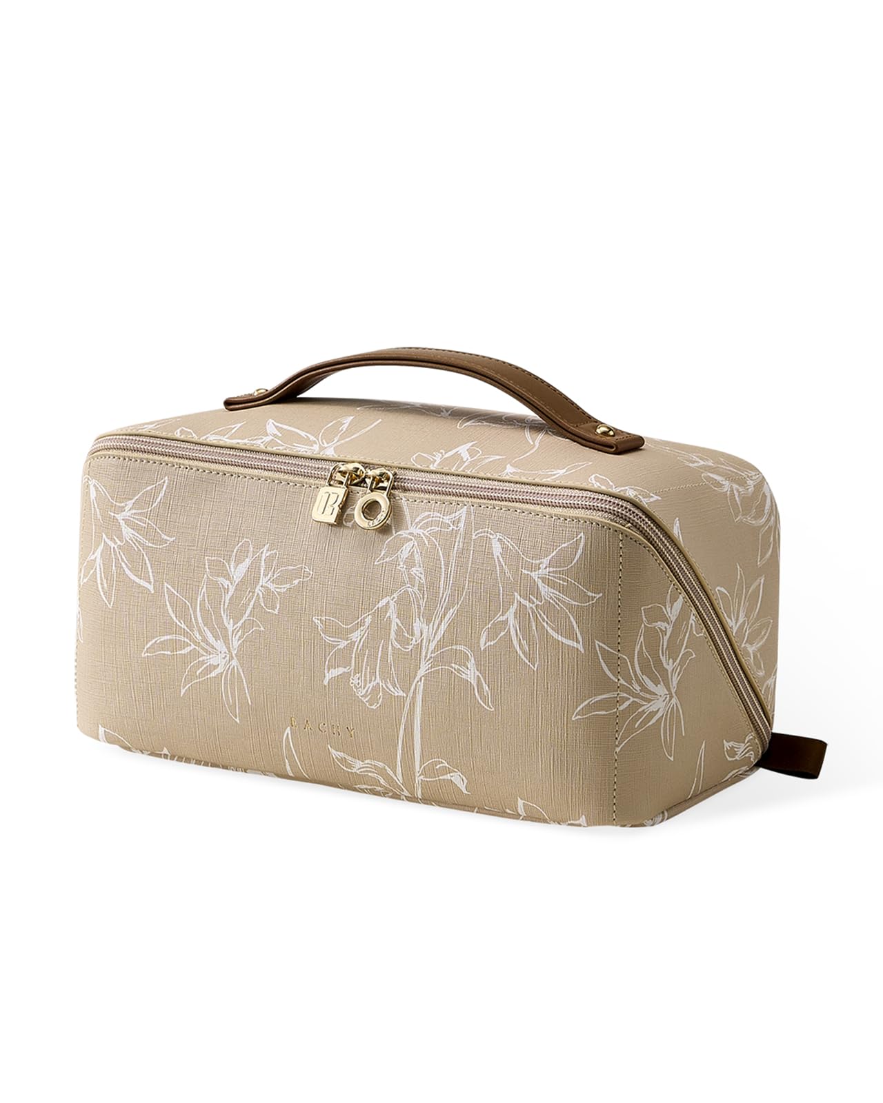 EACHY Travel Makeup Bag, Large Capacity Cosmetic Bags for Women, Waterproof Portable Pouch Open Flat Toiletry Bag Pattern Makeup Bag (F-Brown)