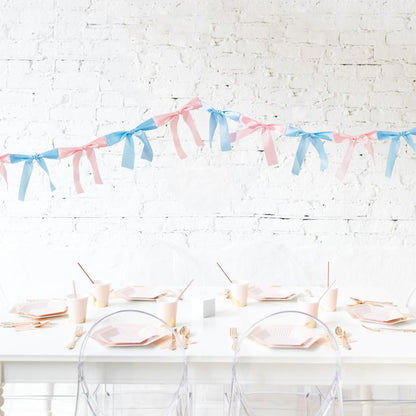 Eanjia Gender Reveal Bow Knot Garland |6ft Gender Reveal Party Decor with 3ft Extend Ribbon Pre-Assembled Satin Ribbon Banners with Baby Pink/Blue Bows Baby Shower No DIY Needed (Pink & Blue, 6ft)