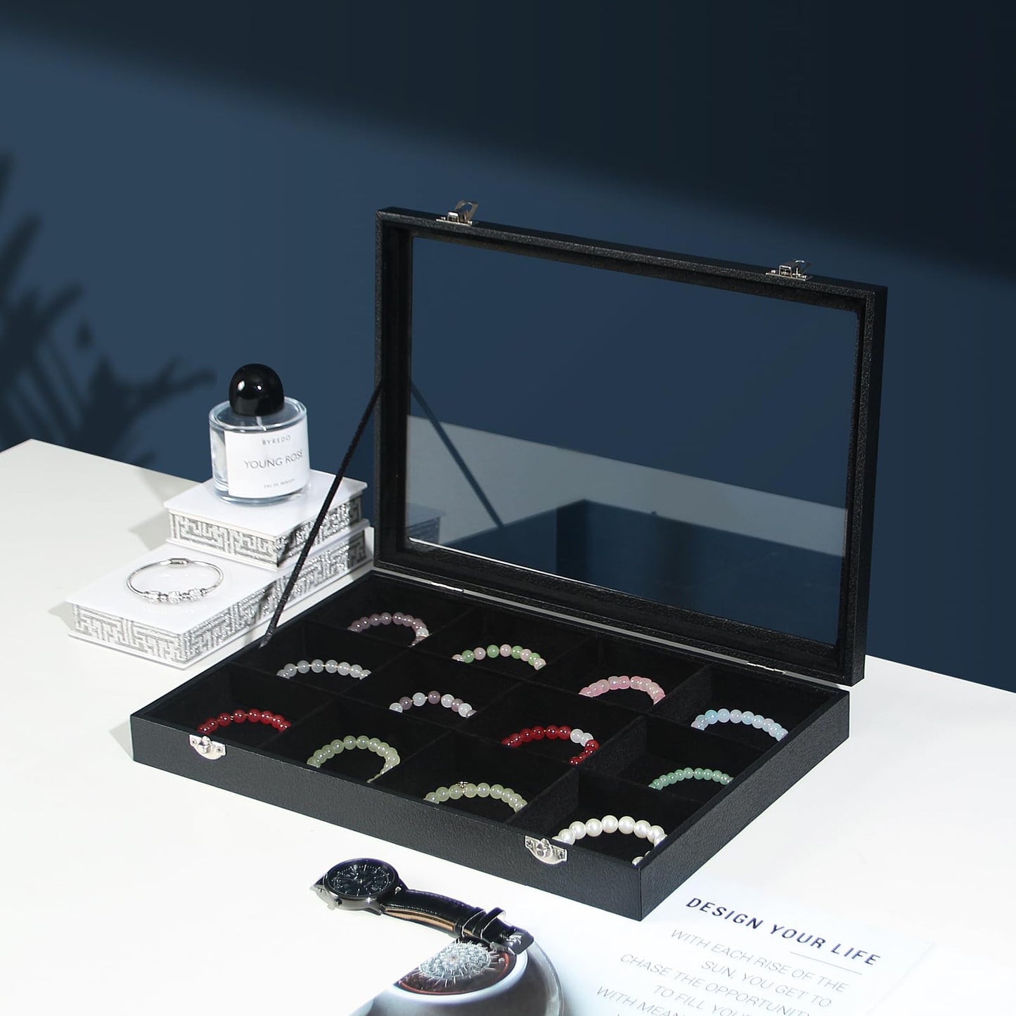 Coward Jewelry Organizer Box, Black Velvet 12 Grids Bracelet Bangle Necklace Jewelry Display Tray Case with Transparent Glass Lid for Home Drawer Desk or Store Selling Show
