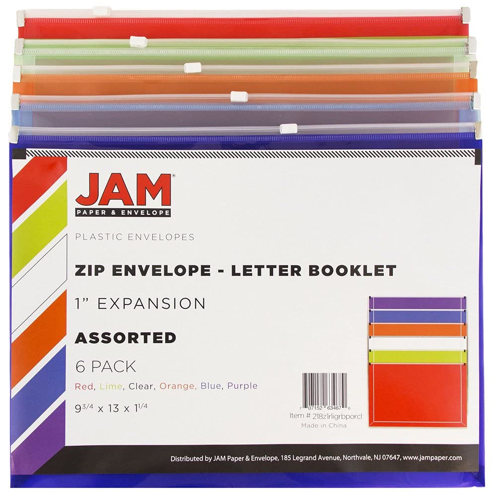 JAM PAPER Plastic Envelopes with Zip Closure - Letter Booklet - 9 3/4 x 13 - Assorted Colors - 6/Pack