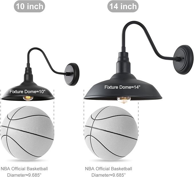 Gooseneck Barn Light with 14in Dome, 4 Pack Large Exterior Farmhouse Light with Wall Mount, Black Outdoor Wall Sconce for Porch Garage Door