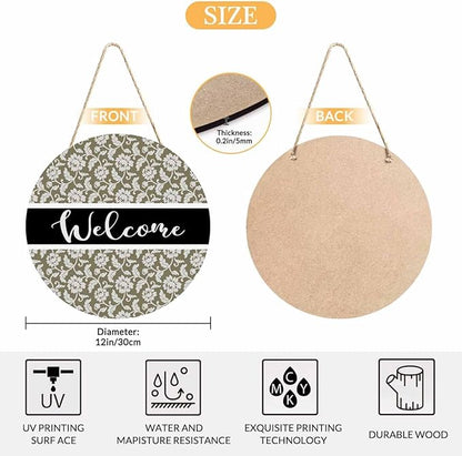 Welcome Sign Front Door Decoration Retro Floral Pattern 12in Round Wooden Hanging Sign for Home Garden Farmhouse Yard