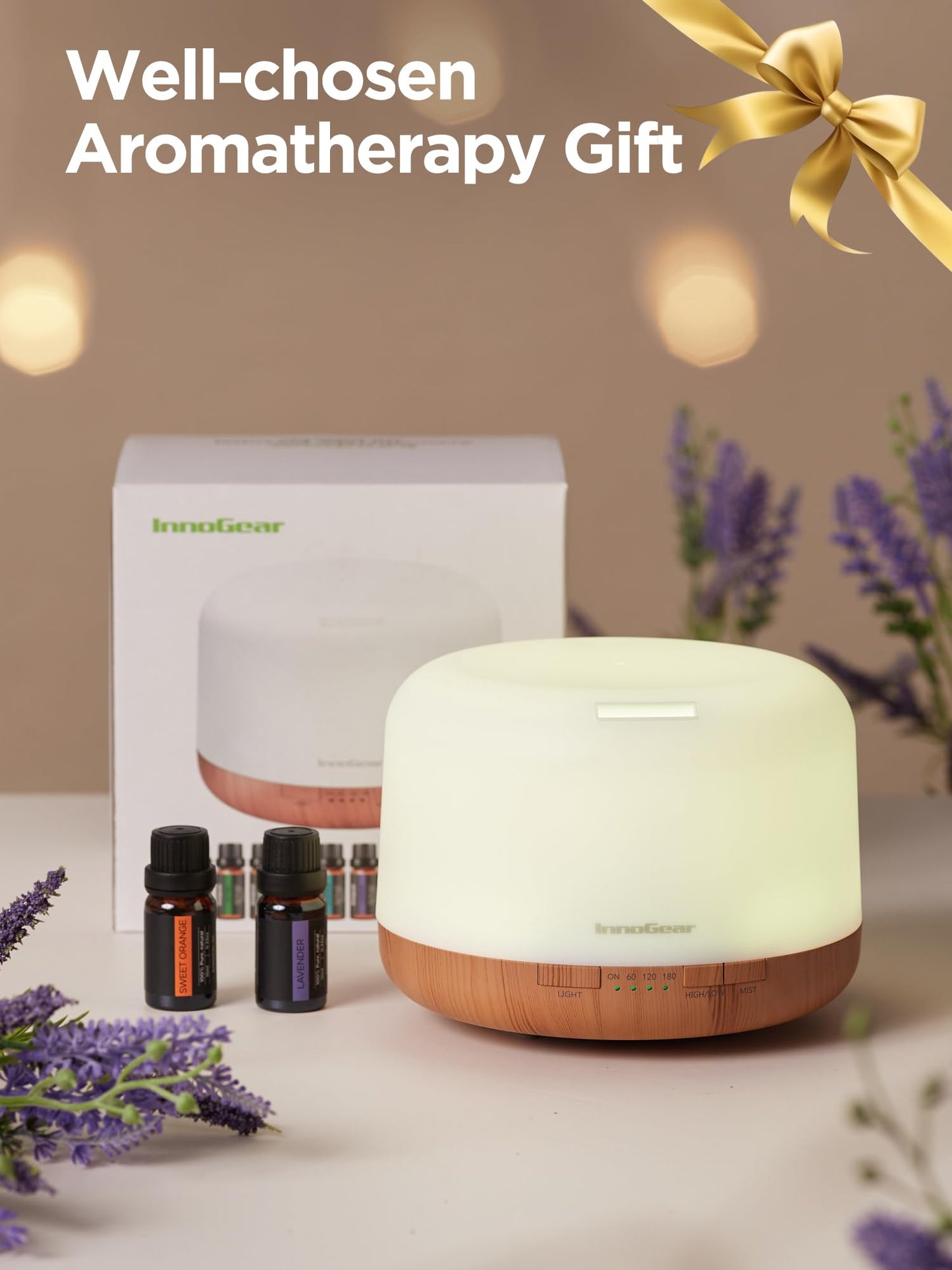 InnoGear Aromatherapy Diffuser & 10 Essential Oils Set, 500ml Essential Oil Diffuser with Remote Control Mother's Gift Ultrasonic Cool Mist Scent Humidifier Vaporizer Auto-Off Timer for Home, Yellow