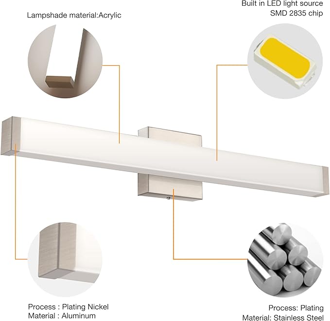 Bathroom Vanity Light Brushed Nickel Square LED 33.5inch 18W 4000K Natural White Light Wall Bar Lighting Fixtures Over Mirror