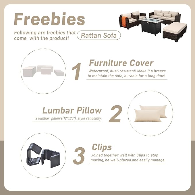 6 Pieces Outdoor Furniture 60000BTU Outdoor Propane Fire Pit Wicker Patio Furniture Set 45" Steel Fire Table Anti-Slip Cushions Waterproof Covers, Khaki