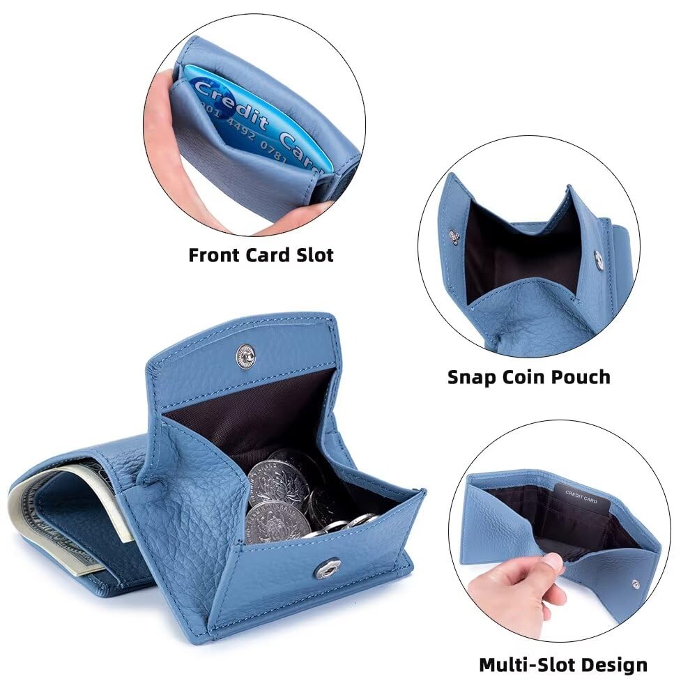 Mudono Small Wallet for Women Genuine Leather RFID Blocking Card Holder Minimalist Tri-fold Cash Wallet with Snap Coin Pouch