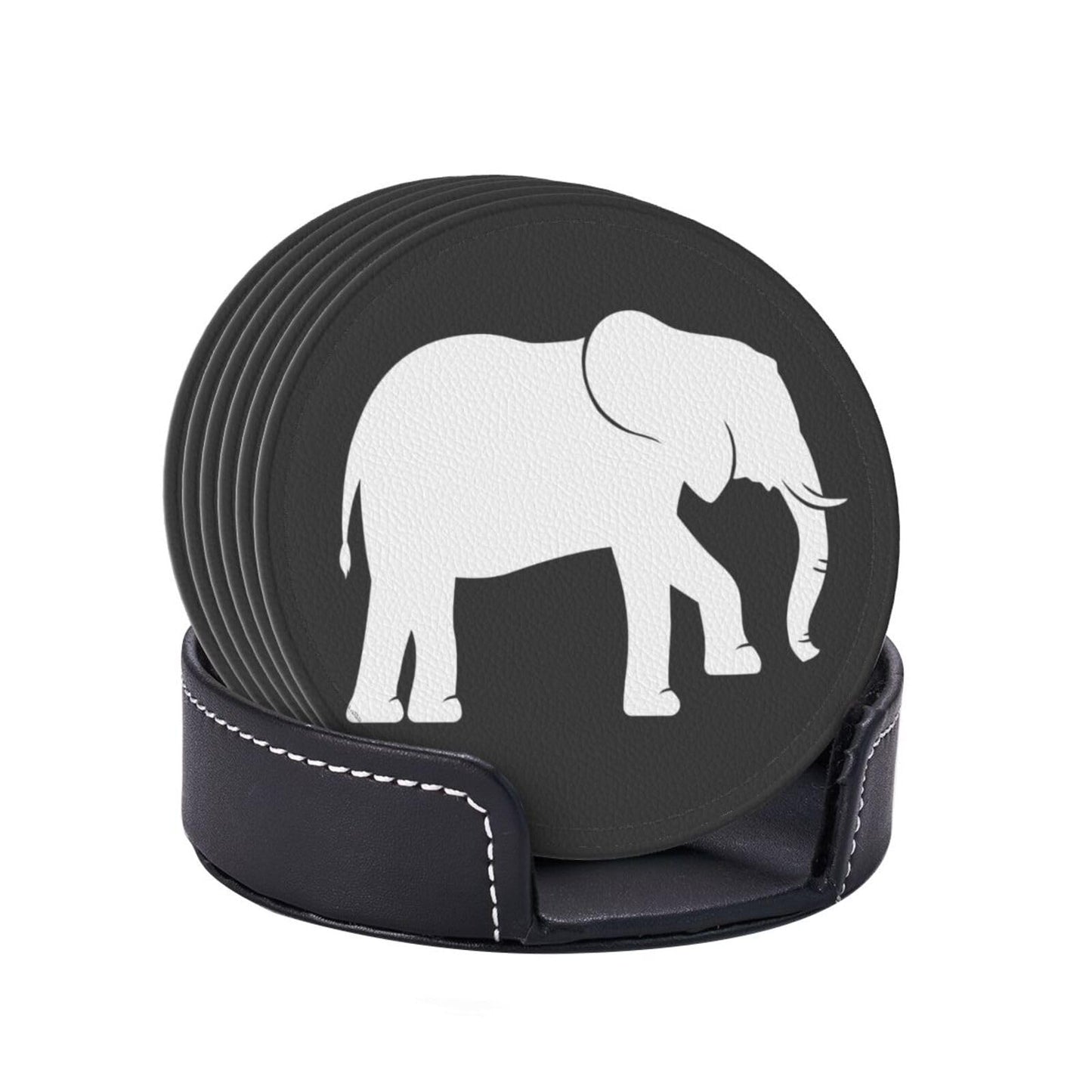 Black and White Elephant Leather Drink Coasters Set of 6 with Holder Round Cup Coaster for Table Decor
