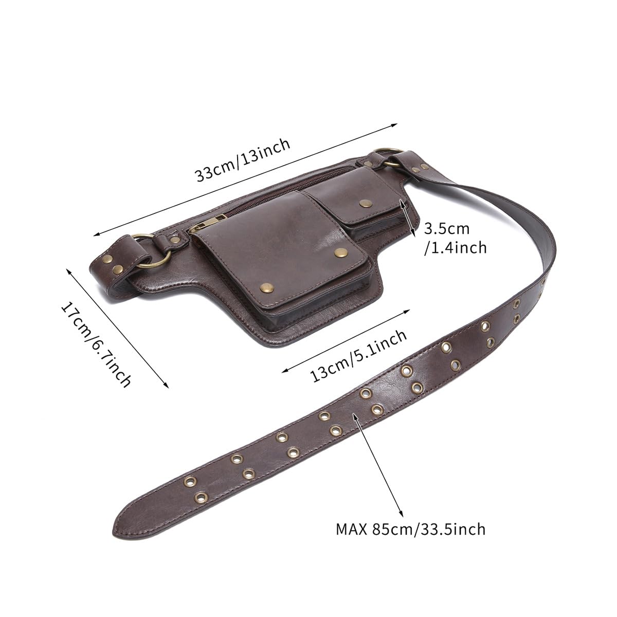 GK-O Steampunk PU Leather Hip Belt Bag for Men Women Vintage Motorcycle Waist Bag with Adjustable Strap Medieval Cosplay Utility Fanny Pack (Dark Brown)