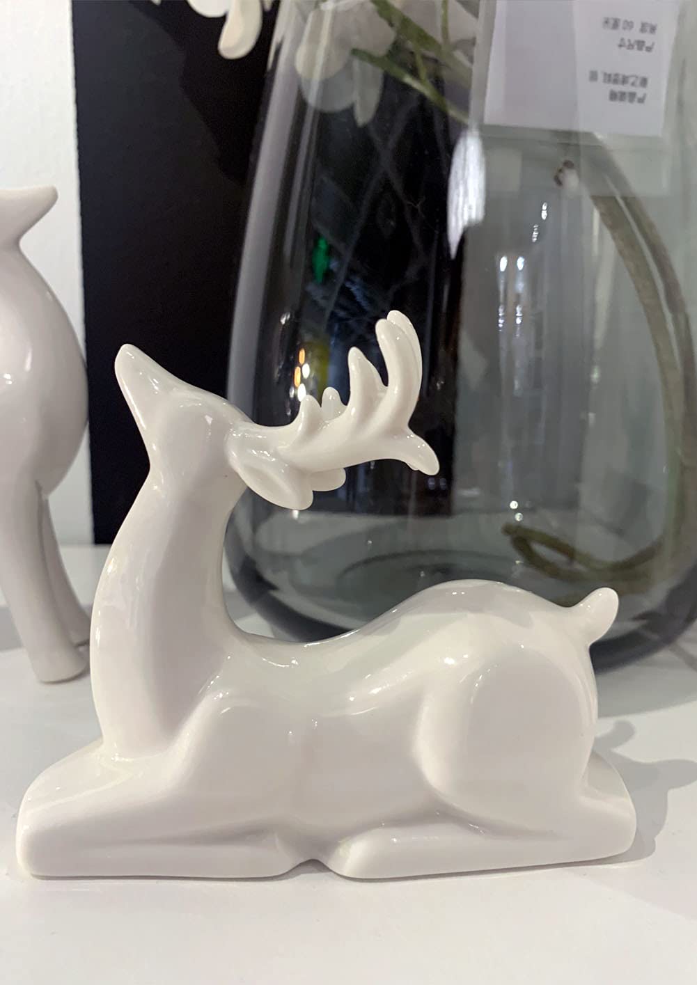 Porcelain Christmas Reindeer Figurines, Pack 2 Mini Animal Reindeer Decor Deer Statues Sculpture Tabletop Ornaments for Cabinet Mantel Shelves Fireplace Home Décor Accents Collectible Figurines