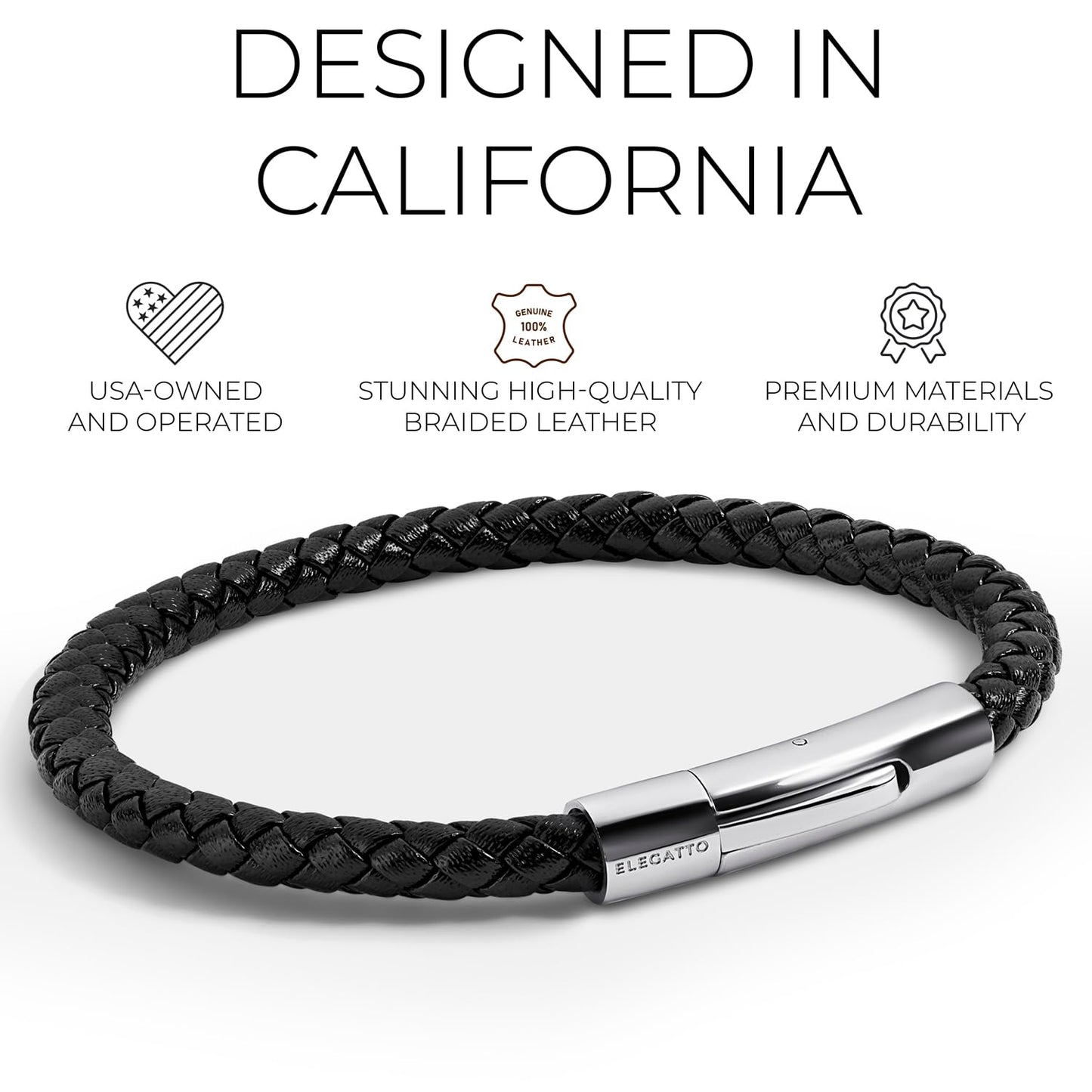 Elegatto Elagio Premium Braided Leather Bracelet for Men | Full-Grain Braided Leather with Sterling Silver Polished Stainless Steel Clasp | Men’s Designer Bracelets | Medium