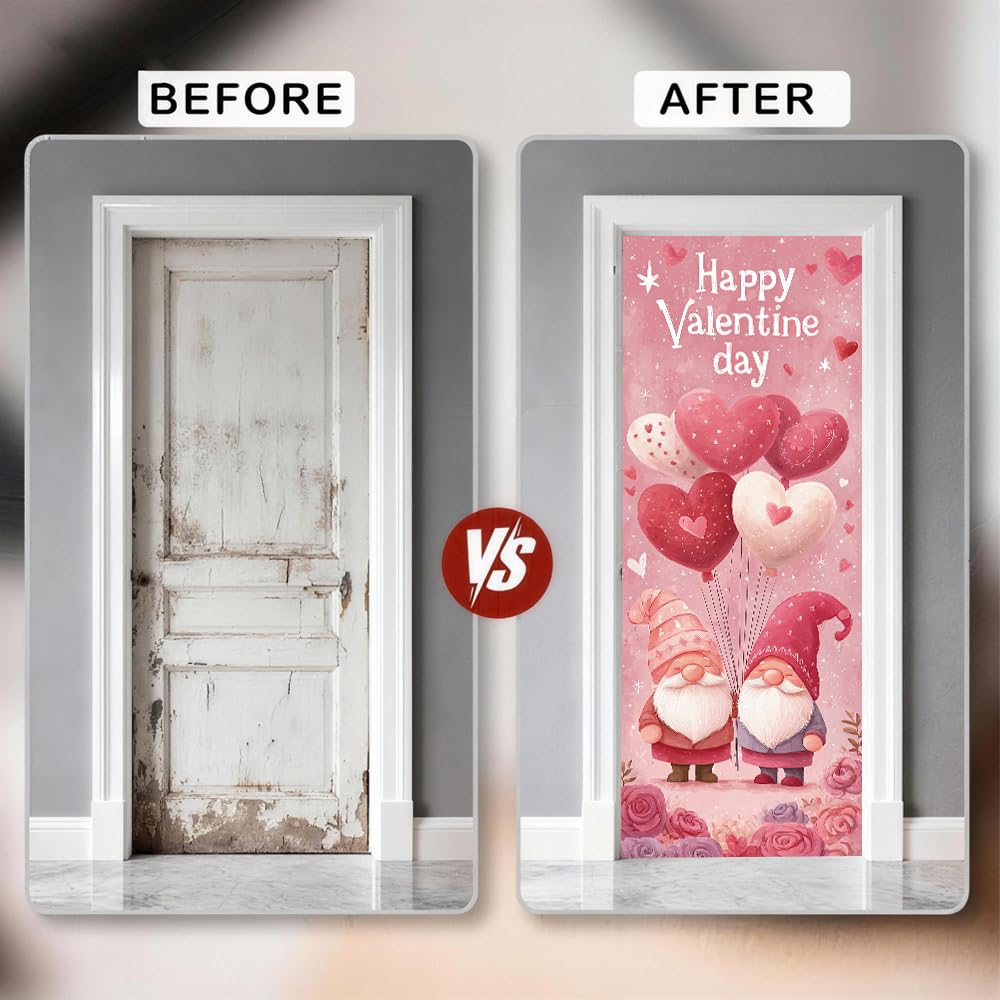 WDESYADMS PVC Self Adhesive Door Sticker 30.3x78.7 Inch Valentine Gnomes with Heart Balloons Design Peel and Stick Decorative Door Decal for Bedroom Living Room Entryway Holiday Home Decor