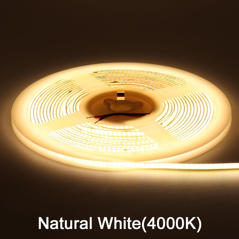 3mm COB Strip Light, DC 12V Natural White 16.4ft Flexible Cuttable Ultra-Thin LED Tape CRI>90 Uniform Dotless 400LEDs/M LED Light for for Christmas Bedroom Home Kitchen Cabinet Decor (NO Power Supply)