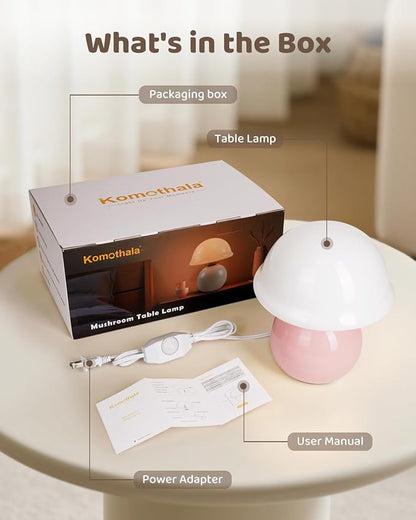 Mushroom Lamp Bedside Table Lamp for Bedroom, Cute Small Lamps with Glass Lampshade, Nightstand Lamp with Dimmer for Living Room Kitchen Apartments Offices Desk Shelves (Pink)