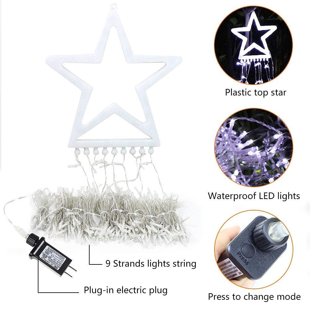 PUHONG Christmas Decorations, Outdoor Star String Lights, 320 LED Christmas Lights with 11" Lighted Star Tree Topper, 8 Modes Waterproof for Halloween Christmas New Year Holiday Birthday(White)