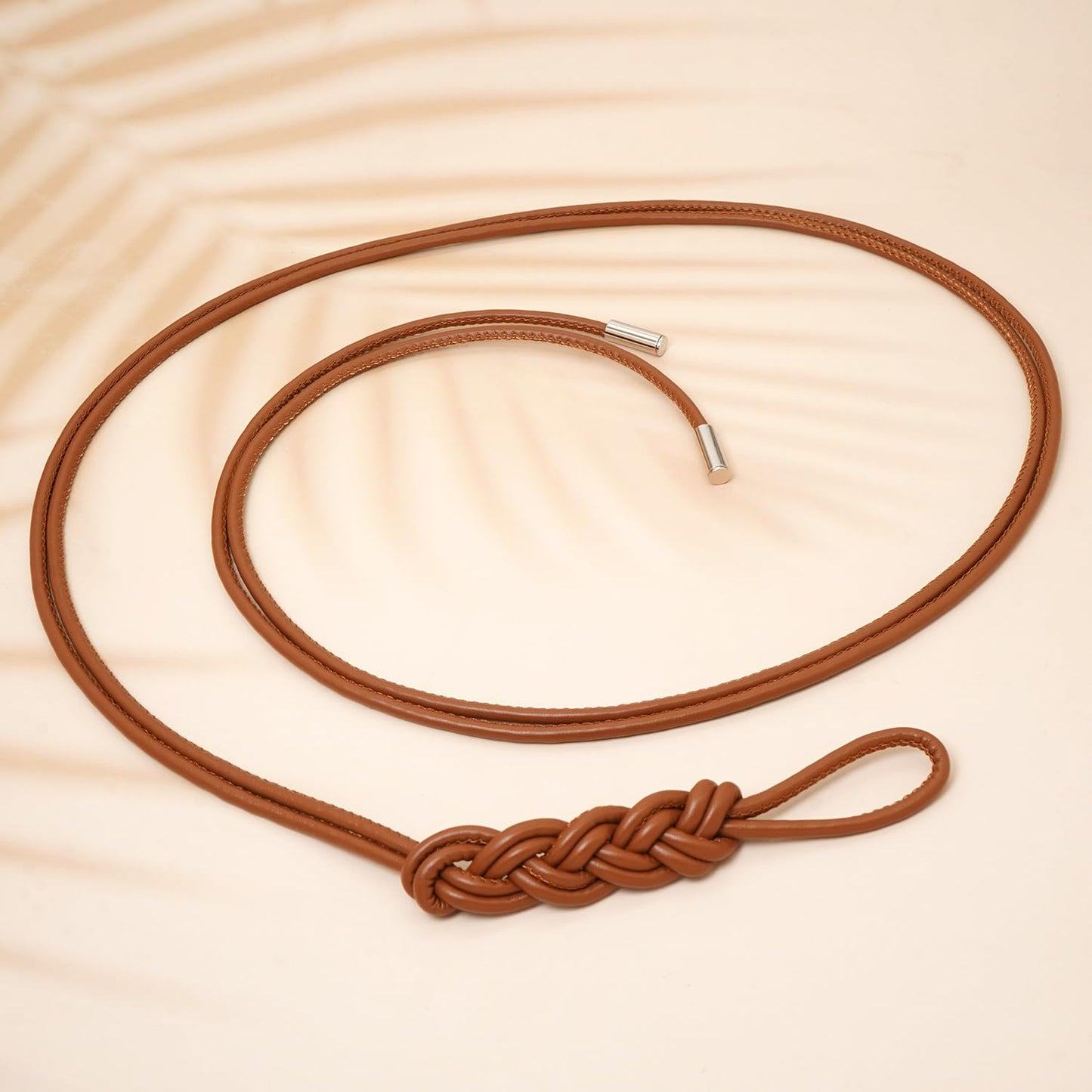 BAOKELAN Women Knot Thin Belts Skinny PU Leather Belts Boho Waist Belt for Dresses Brown 130CM