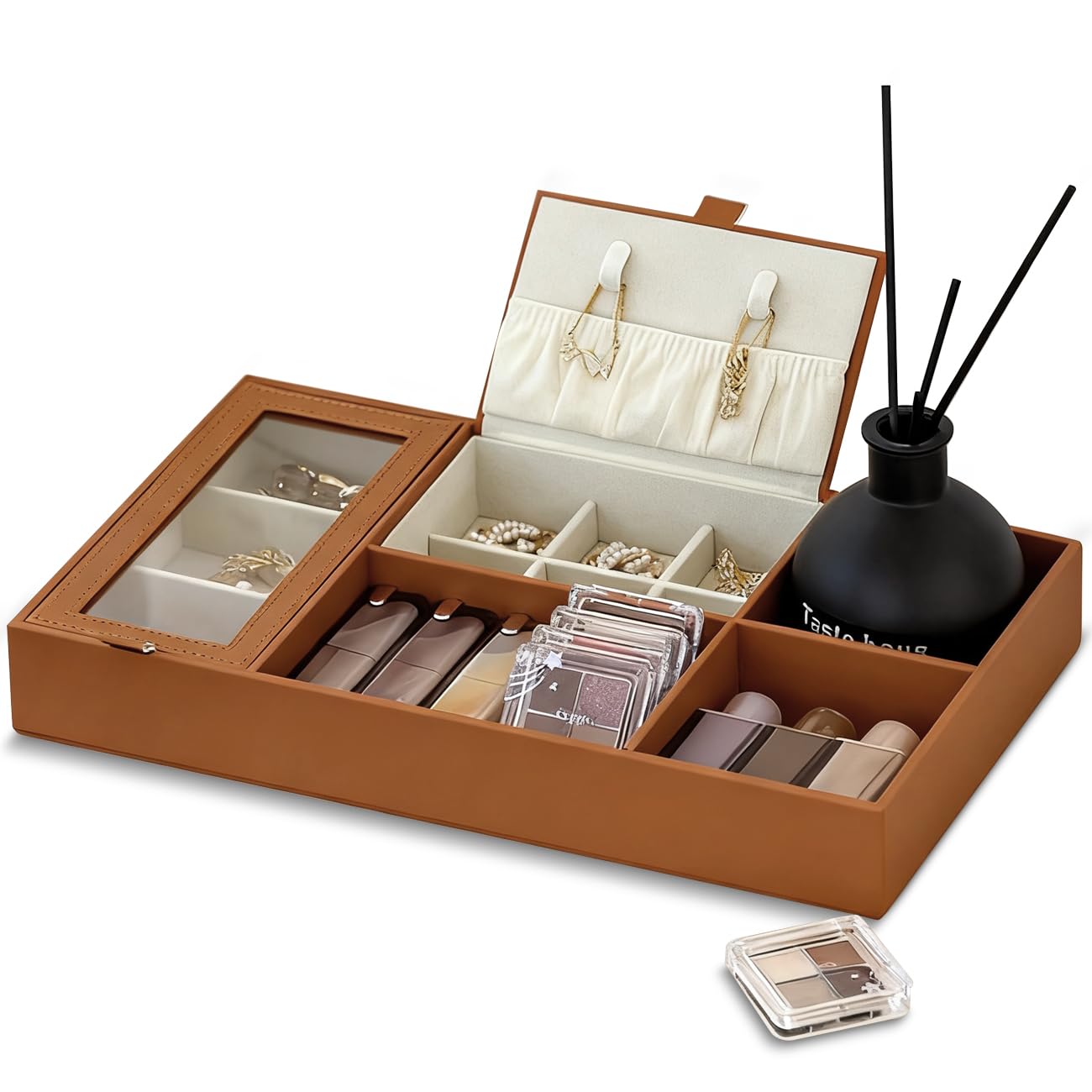 DAJYAWON PU Leather Valet Tray & Nightstand Jewelry Organizer - Multifunctional Catchall Dresser Top Box with Dust-Proof Flip Lid, Ring/Earring Compartments & Open Slots for EDC, Wallet, Keys, Watch