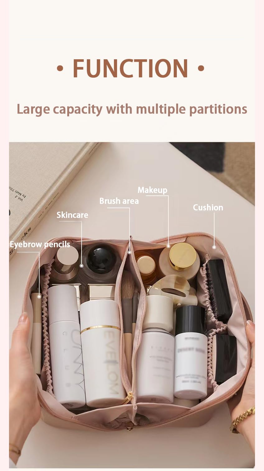 Travel Makeup Bag for Women, Large Capacity PU Leather Toiletry Bag with Multiple Compartments, Waterproof Cosmetic Organizer with Handle, Portable Travel Pouch for Skincare, Rose Pink